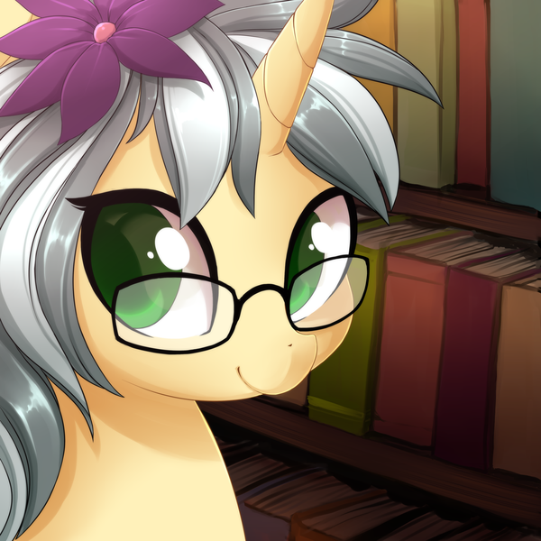 Size: 3900x3900 | Tagged: safe, artist:starshinebeast, derpibooru import, oc, oc:mercury shine, unofficial characters only, pony, unicorn, book, flower, flower in hair, glasses, solo