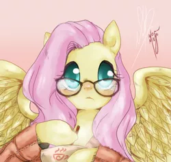 Size: 530x500 | Tagged: artist:nemu majo, clothes, colored pupils, cup, cute, derpibooru import, fluttershy, glasses, gradient background, hoof hold, looking at you, safe, shyabetes, signature, solo, spread wings