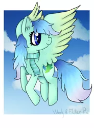 Size: 518x704 | Tagged: safe, artist:dragon9913, derpibooru import, oc, unofficial characters only, pegasus, pony, clothes, cloud, flying, scarf, smiling, solo, spread wings