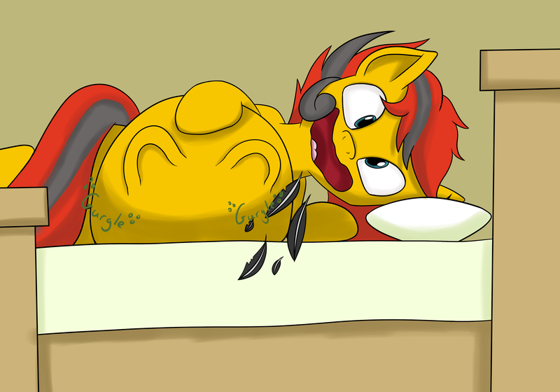 Size: 4000x2799 | Tagged: artist:foxkai, bed, burp, burping up items, derpibooru import, digestion, feather, fetish, grimdark, hoof imprints, implied digestion, oc, oc:southern belle, post-vore, questionable, stomach noise, unofficial characters only, vore