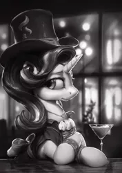 Size: 850x1200 | Tagged: safe, artist:assasinmonkey, derpibooru import, starlight glimmer, pony, alcohol, bar, beverage, black and white, bracelet, clothes, crossed hooves, dress, glass, grayscale, hat, jewelry, martini, monochrome, necklace, noir, scenery, signature, solo, top hat