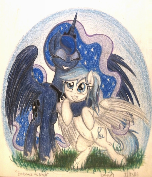 Size: 1072x1244 | Tagged: safe, artist:thefriendlyelephant, derpibooru import, princess luna, oc, oc:lesa castle, pegasus, pony, belly button, commission, grass, hug, traditional art