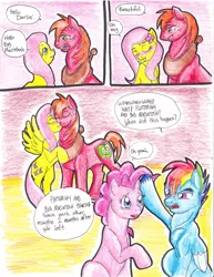 Size: 2552x3300 | Tagged: safe, artist:tristanjsolarez, derpibooru import, big macintosh, fluttershy, pinkie pie, rainbow dash, earth pony, pegasus, pony, comic:trans ponies, blushing, comic, female, flower, flower in hair, fluttermac, male, mare, mouth hold, pink background, shipping, simple background, stallion, straight, transgender