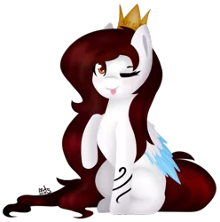 Size: 683x689 | Tagged: safe, artist:ayoarts, derpibooru import, oc, oc:lau, unofficial characters only, pegasus, pony, :p, birthday, blue wings, bracelet, brown eyes, brown mane, colored wings, colored wingtips, crown, cute, digital art, fullbody, gift art, happy, jewelry, lineless, long mane, looking at you, one eye closed, raised hoof, regalia, simple background, sitting, smiling, solo, tongue out, transparent background, white, wink