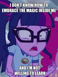Size: 541x720 | Tagged: safe, derpibooru import, edit, edited screencap, screencap, pinkie pie, sci-twi, twilight sparkle, equestria girls, legend of everfree, cropped, exploitable meme, image macro, meme, role reversal, scared, sunset is not willing to learn, twilight is not willing to learn