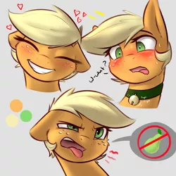 Size: 1800x1800 | Tagged: safe, artist:captainpudgemuffin, derpibooru import, applejack, pony, alternate hairstyle, bell, bell collar, blushing, captainpudgemuffin is trying to murder us, cat bell, collar, cute, disgusted, expression, eyes closed, female, floppy ears, fluffy, food, frown, glare, grin, heart, hilarious in hindsight, jackabetes, mare, open mouth, pear, pictogram, pixie cut, smiling, sweat, that pony sure does hate pears, that pony sure does love apples, tongue out