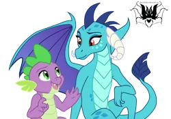 Size: 3024x2106 | Tagged: artist:akeahi, artist:amysticalartist, derpibooru import, just friends, looking at each other, looking down, looking up, open mouth, princess ember, safe, simple background, sitting, smiling, spike, spread wings, transparent background