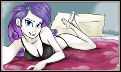 Size: 1280x763 | Tagged: suggestive, artist:vago-xd, derpibooru import, rarity, fanfic, fanfic:a school crush, equestria girls, barefoot, bed, black underwear, clothes, downblouse, fanfic art, feet, female, lingerarity, lingerie, on bed, on stomach, pillow, seductive pose, selfie, sexy, solo, solo female, stupid sexy rarity, sultry pose, underwear