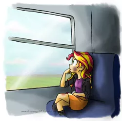 Size: 770x768 | Tagged: safe, artist:vago-xd, derpibooru import, sunset shimmer, fanfic, fanfic:a school crush, equestria girls, bruised, fanfic art, solo, train