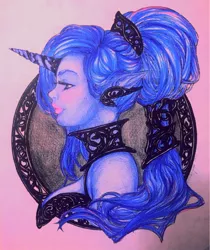 Size: 1024x1221 | Tagged: safe, artist:kumisasoriza, artist:michellehoefener, derpibooru import, princess luna, human, elf ears, horned humanization, humanized, solo, traditional art