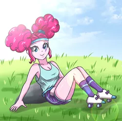 Size: 3507x3472 | Tagged: safe, artist:sumin6301, derpibooru import, pinkie pie, equestria girls, breasts, cleavage, clothes, cute, diapinkes, female, grass field, looking at you, pinkie puffs, rock, rollerblades, shorts, sitting, solo, tanktop