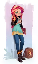 Size: 1067x1800 | Tagged: safe, artist:ajvl, derpibooru import, sunset shimmer, equestria girls, backpack, clothes, coffee, cup, dress, human coloration, journal, leather jacket, pants, solo