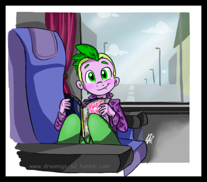 Size: 737x647 | Tagged: safe, artist:vago-xd, derpibooru import, spike, fanfic, fanfic:a school crush, equestria girls, bus, comic book, cute, cute little fangs, equestria girls-ified, fanfic art, fangs, human spike, power ponies, solo, spikabetes