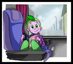 Size: 737x647 | Tagged: safe, artist:vago-xd, derpibooru import, spike, fanfic, fanfic:a school crush, equestria girls, bus, comic book, cute, cute little fangs, equestria girls-ified, fanfic art, fangs, human spike, power ponies, solo, spikabetes