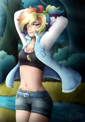 Size: 1660x2400 | Tagged: artist:kikirdcz, belly button, belt, breasts, clothes, derpibooru import, female, grass field, human, humanized, midriff, rainbow dash, redraw, river, safe, scenery, shorts, signature, solo, sports bra, tree