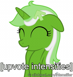 Size: 995x1051 | Tagged: safe, artist:arifproject, derpibooru import, oc, oc:upvote, ponified, unofficial characters only, pony, unicorn, derpibooru, animated, bust, caption, derpibooru ponified, eyes closed, floppy ears, gif, meme, meta, simple background, smiling, solo, vibrating, white background, x intensifies