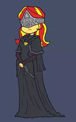 Size: 937x1500 | Tagged: safe, artist:khuzang, derpibooru import, sunset shimmer, equestria girls, cloak, clothes, crossover, dark souls, dark souls 3, fiery shimmer, fire keeper, solo