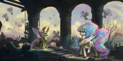 Size: 2160x1080 | Tagged: safe, artist:huussii, derpibooru import, princess celestia, thorax, alicorn, changedling, changeling, pony, to where and back again, aftermath, dead tree, female, king thorax, looking up, male, mare, raised leg, rebuilding, ruins, scenery, spread wings, swarm, tree