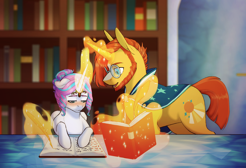 Size: 1500x1025 | Tagged: artist:seleniium, beard, blushing, book, dead source, derpibooru import, facial hair, glowing horn, magic, older, princess flurry heart, quill, safe, studying, stupid sexy sunburst, sunburst, sunburst teaches flurry, teacher and student, telekinesis, uncle sunburst