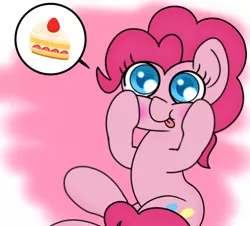 Size: 492x445 | Tagged: dead source, safe, artist:siropony, derpibooru import, pinkie pie, pony, :p, blushing, cake, colored pupils, cute, diapinkes, food, pictogram, solo, speech bubble, squishy cheeks, tongue out