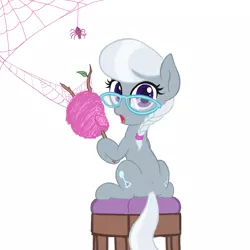 Size: 1500x1500 | Tagged: artist:lemon, both cutie marks, cotton candy, cotton candy spiders, cute, derpibooru import, safe, shocked, silver spoon, spider, spider web, twig