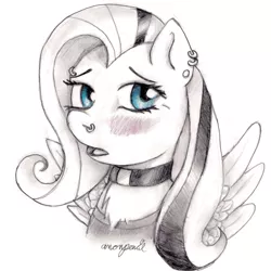 Size: 1206x1206 | Tagged: artist:anonpencil, blushing, clothes, collar, derpibooru import, emoshy, eyeliner, flutterpriest, fluttershy, goth, makeup, pencil drawing, piercing, safe, shirt, solo, source needed, traditional art