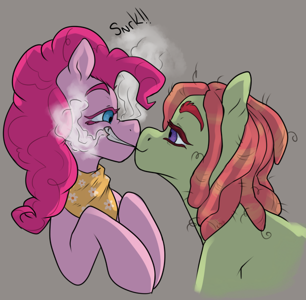 Size: 888x871 | Tagged: artist:wlemin, bust, derpibooru import, drugs, kissing, lidded eyes, looking at each other, marijuana, pinkiehugger, pinkie pie, safe, shipping, simple background, smiling, smoke, tree hugger