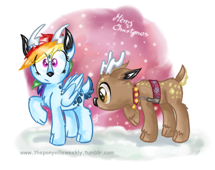 Size: 729x578 | Tagged: artist:vago-xd, butt sniffing, deer, derpibooru import, rainbow dash, reindeer, reindeer dash, reindeerified, safe, snow, snowfall, species swap, spoiler:comic, spoiler:comicholiday2015