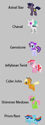 Size: 150x417 | Tagged: safe, artist:warpx97, derpibooru import, oc, oc:astral star, oc:chanal, oc:cider john, oc:gemstone, oc:jellybean twist, oc:prism flare, oc:shimmer meadows, unofficial characters only, changeling, dracony, earth pony, hybrid, pegasus, pony, unicorn, adopted offspring, agender, albino, female, femboy, interspecies offspring, male, misspelling, mlp: generation neo, next generation, offspring, parent:applejack, parent:emerald ray, parent:flash sentry, parent:fluttershy, parent:pinkie pie, parent:rainbow dash, parent:rarity, parent:soarin', parent:spike, parent:twilight sparkle, parents:flashlight, parents:soarindash, parents:sparity, sprite, text in description