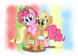 Size: 1005x722 | Tagged: safe, artist:vago-xd, derpibooru import, applejack, pinkie pie, earth pony, pony, abstract background, applepie, female, lesbian, shipping, sign, smiling