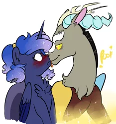 Size: 1200x1287 | Tagged: safe, artist:soft-arthropod, derpibooru import, discord, princess luna, blushing, licking, lunacord, male, shipping, straight, tongue out, tsundere, tsunderuna