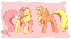 Size: 871x479 | Tagged: safe, artist:waackery, derpibooru import, applejack, fluttershy, appleshy, blushing, bouquet, bow, female, floppy ears, flower, heart, lesbian, pixel art, shipping, tail bow