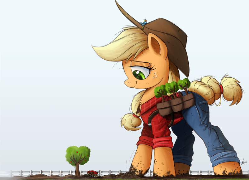 Size: 3000x2164 | Tagged: safe, artist:ncmares, derpibooru import, applejack, rainbow dash, pony, applejack bunyan, big-apple-pony, clothes, giant pony, hat, macro, pants, paul bunyan, signature, size difference, smoldash