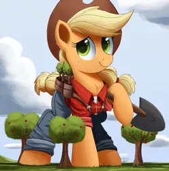 Size: 2000x2015 | Tagged: safe, artist:ncmares, derpibooru import, applejack, pony, applejack bunyan, big-apple-pony, chest fluff, clothes, cowboy hat, cute, freckles, giant pony, hat, jackabetes, johnny appleseed, macro, ncmares is trying to murder us, pants, paul bunyan, plaid shirt, shovel, signature, solo, stetson