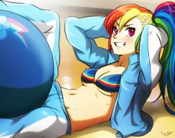 Size: 600x473 | Tagged: alternate hairstyle, artist:esther, artist:esther-shen, belly button, blushing, bra, clothes, derpibooru import, female, grin, gym ball, human, humanized, pants, ponytail, rainbow dash, safe, shirt, sit-ups, smiling, solo, sweatpants, underwear, workout, workout outfit