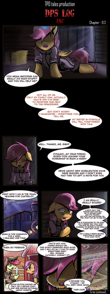 Size: 2040x5445 | Tagged: alternate timeline, apple bloom, artist:redheadfly, clothes, comic, comic:dps, crystal war timeline, derpibooru import, error, glitch, oc, oc:dynamo sparks, offscreen character, older, safe, scootaloo, train