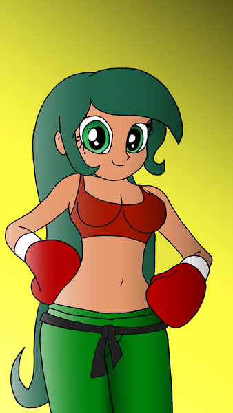 Size: 720x1280 | Tagged: safe, artist:toyminator900, derpibooru import, timber spruce, equestria girls, belly button, boxing, boxing gloves, breasts, busty forest pine, cleavage, clothes, equestria guys, female, forest pine, midriff, pants, rule 63, solo, sports bra, sweatpants