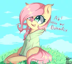 Size: 2200x1963 | Tagged: safe, artist:freefraq, artist:kawaiipony2, derpibooru import, fluttershy, butterfly, pony, butterfly on nose, clothes, collaboration, cute, daaaaaaaaaaaw, dialogue, ear fluff, female, hoodie, insect on nose, mare, open mouth, shyabetes, solo, weapons-grade cute