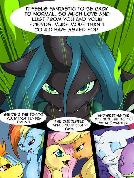 Size: 1480x1959 | Tagged: questionable, artist:suirano, derpibooru import, applejack, fluttershy, queen chrysalis, rainbow dash, rarity, spike, spitfire, anthro, comic:temptation, appleshy, barb, comic, dialogue, eyes closed, fangs, female, image, implied nudity, lesbian, looking at each other, looking at you, png, rule 63, shipping, sparity, speech bubble, spitdash, temptation (chapter 6)