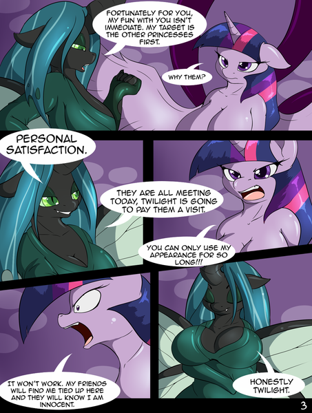 Size: 1480x1959 | Tagged: questionable, artist:suirano, derpibooru import, queen chrysalis, twilight sparkle, twilight sparkle (alicorn), alicorn, anthro, comic:temptation, arm under breasts, big breasts, breasts, busty queen chrysalis, busty twilight sparkle, cleavage, clothes, comic, crossed arms, dialogue, duo, duo female, evening gloves, eyes closed, female, fingerless elbow gloves, fingerless gloves, floppy ears, gloves, long gloves, nudity, speech bubble, temptation (chapter 6)