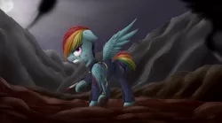 Size: 5000x2775 | Tagged: alternate timeline, apocalypse dash, artist:deltauraart, blood, crystal war timeline, derpibooru import, gritted teeth, hoof blades, injured, knife, moon, mountain, night, rainbow dash, semi-grimdark, solo