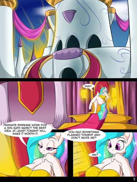 Size: 1480x1957 | Tagged: questionable, artist:suirano, derpibooru import, princess celestia, anthro, unguligrade anthro, comic:temptation, big breasts, breasts, busty princess celestia, canterlot, cleavage, clothes, comic, dialogue, female, glowing horn, image, lidded eyes, magic, offscreen character, png, scroll, sitting, solo, solo female, speech bubble, sunlight, telekinesis, temptation (chapter 6), throne