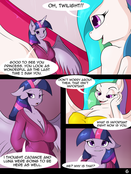 Size: 1480x1959 | Tagged: questionable, artist:suirano, derpibooru import, princess celestia, twilight sparkle, alicorn, anthro, comic:temptation, big breasts, breasts, busty princess celestia, busty twilight sparkle, cleavage, clothes, comic, dialogue, duo, duo female, female, floppy ears, image, lidded eyes, looking at each other, png, speech bubble, temptation (chapter 6), twilight sparkle (alicorn)