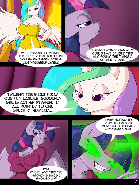 Size: 1480x1959 | Tagged: questionable, artist:suirano, derpibooru import, princess celestia, queen chrysalis, twilight sparkle, alicorn, anthro, comic:temptation, arm under breasts, big breasts, breasts, busty princess celestia, busty twilight sparkle, cleavage, clothes, comic, crossed arms, dialogue, disguise, duo, duo female, fangs, female, glowing eyes, glowing horn, gritted teeth, hand on hip, image, lidded eyes, magic, png, speech bubble, telekinesis, temptation (chapter 6), twilight sparkle (alicorn)