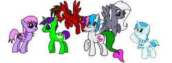 Size: 1280x470 | Tagged: safe, artist:toyminator900, derpibooru import, oc, oc:andandampersand, oc:aureai gray, oc:chip, oc:clever clop, oc:cyan lightning, oc:melody notes, unofficial characters only, earth pony, merpony, pegasus, pony, unicorn, clothes, scarf, simple background, transparent background