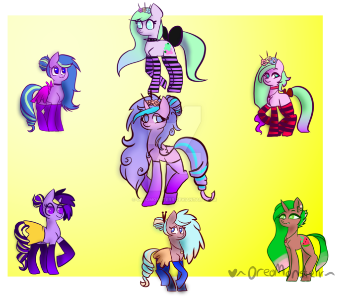 Size: 1024x874 | Tagged: artist:oreomonsterr, clothes, derpibooru import, fusion, oc, oc:grape fanta, oc:melonpop, oc:pastel flower, safe, socks, striped socks, unofficial characters only