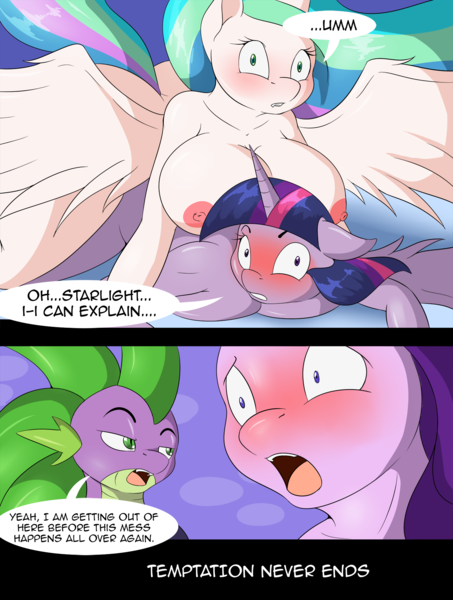 Size: 1480x1959 | Tagged: alicorn, anthro, artist:suirano, big breasts, blushing, breasts, busty princess celestia, busty twilight sparkle, caught, comic, comic:temptation, derpibooru import, dialogue, dragon, fangs, female, futa, futa princess celestia, green eyes, huge breasts, implied futa, implied sex, intersex, looking at you, male, nipples, nudity, princess celestia, queen chrysalis, questionable, sex, shipping, speech bubble, spike, starlight glimmer, surprised, temptation (chapter 6), transformation, twilestia, twilight sparkle, twilight sparkle (alicorn), twisalis