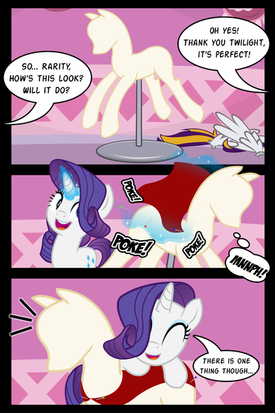 Size: 2000x3000 | Tagged: semi-grimdark, artist:icaron, artist:jasentamiia, derpibooru import, rarity, twilight sparkle, twilight sparkle (alicorn), oc, oc:sylvan, alicorn, pony, unicorn, comic:the hired hoof, bondage, carousel boutique, cloth, dress form, encasement, i have no mouth and i must scream, inanimate tf, magic, mane, mannequin, mannequin tf, modular, objectification, offscreen character, petrification, pins, ponyquin, show accurate, tail, telekinesis, transformation, transformed, wings