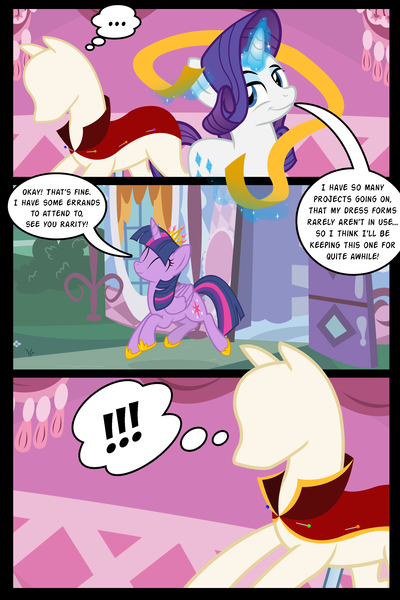 Size: 2000x3000 | Tagged: semi-grimdark, artist:icaron, artist:jasentamiia, derpibooru import, rarity, twilight sparkle, twilight sparkle (alicorn), oc, oc:sylvan, alicorn, pony, unicorn, comic:the hired hoof, ..., bondage, carousel boutique, cloth, clothes, crown, dress form, encasement, exclamation point, glowing horn, horrifying implications, i have no mouth and i must scream, inanimate tf, jewelry, levitation, magic, mannequin, mannequin tf, objectification, petrification, pins, ponyquin, regalia, ribbon, shoes, show accurate, telekinesis, transformation, transformed