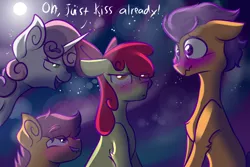 Size: 1024x683 | Tagged: apple bloom, apple bloom is not amused, artist:moonfur83, artist:olivecow, blushing, collaboration, cutie mark crusaders, cutie ship crusaders, derpibooru import, dialogue, lip bite, male, safe, scootaloo, scootaloo the shipper, shipper on deck, shipping, straight, sweetie belle, sweetie the shipper, tenderbloom, tender taps, wavy mouth